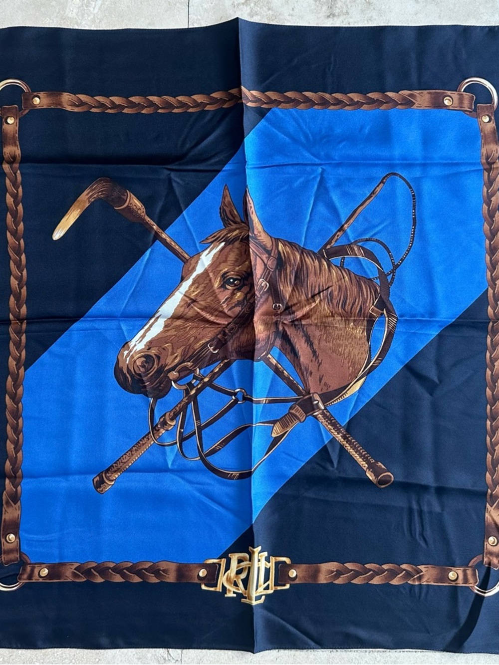 Ralph Lauren Blue and Teal Equestrian Themed 100% Silk Square Scarf